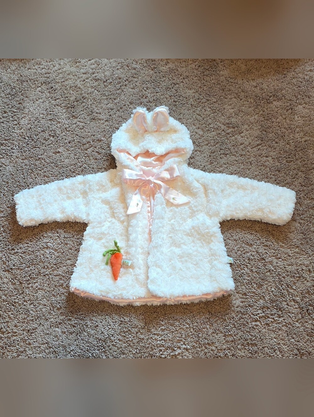 Bunnies by the Bay White Plush Bunny Hooded Coat with Pink Bow 6-12m